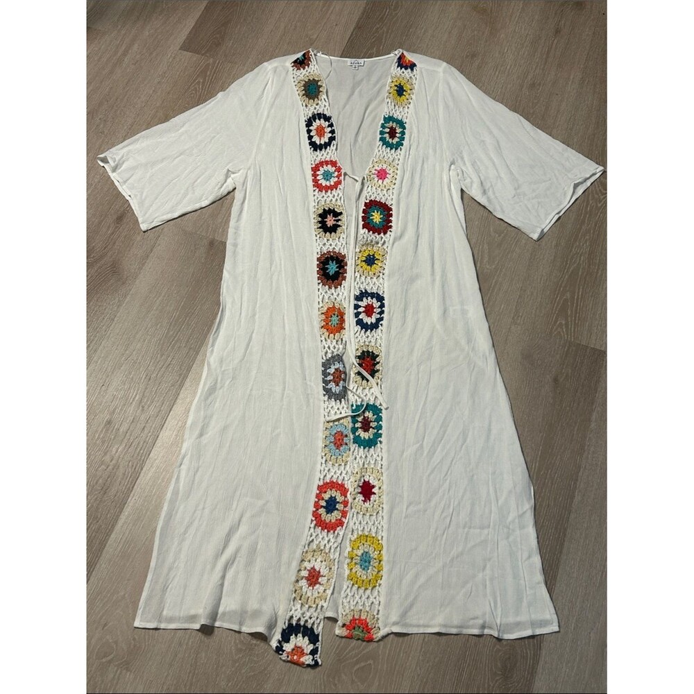 Azura Half Sleeve White Granny Square Trim Open Front Duster Sz Small